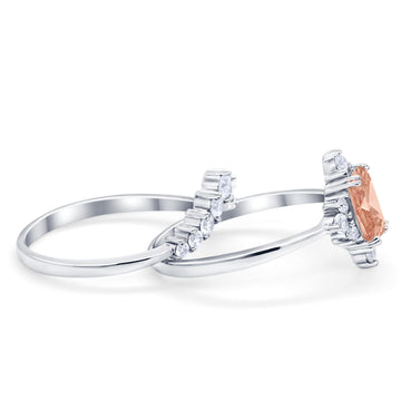 Art Deco Two Piece Wedding Ring Emerald Cut Simulated Morganite CZ 925 Sterling Silver